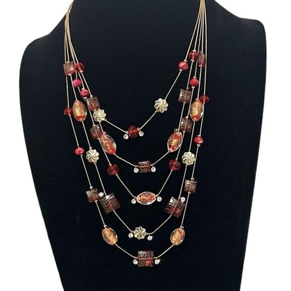 Vtg Layered Necklace Red Crystal & Art Glass Beads 5-Strand Silver-tone Chain - Picture 3 of 11